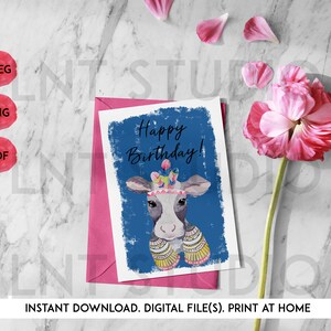 Cute Animal Birthday Card, Farm Animal Birthday Card, Printable Card, Print at Home - Cow #3