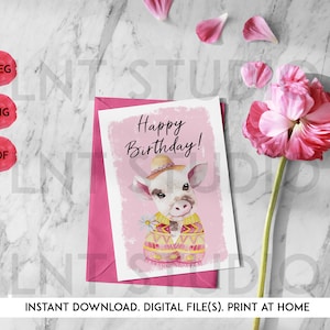 Cute Animal Birthday Card, Farm Animal Birthday Card, Printable Card, Print at Home - Pig #3