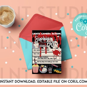 Birthday Invitation, Horror Halloween Movie Night Card, Printable Editable Card, Editable Template, Instant Download, Edit in Corjl