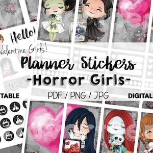 Horror Girls, Gruselige Filme, Valentine Girls Happy Planner Sticker, druckbare Sticker, Print at Home Planner