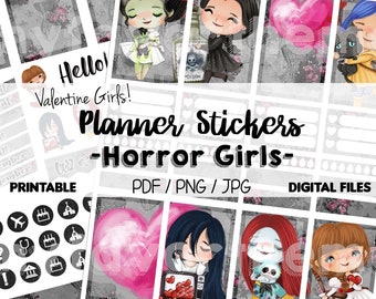 Horror Girls, Scary Movies, Valentine Girls Happy Planner Stickers, Printable Stickers,  Print at Home Planner
