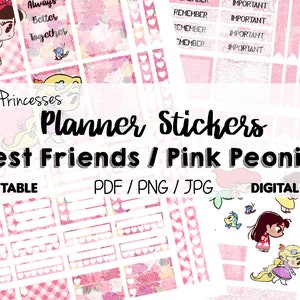 Best Friends Princess Peonies Pink Happy Planner Stickers, Printable Stickers, Print at Home Planner