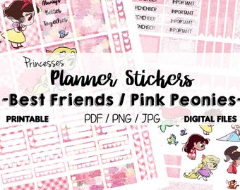 Best Friends Princess Peonies Pink Happy Planner Stickers, Printable Stickers, Print at Home Planner
