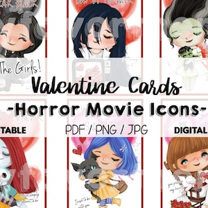 Ícones de terror, filmes de terror, cartões de terror para namorados, para impressão, imprimir em casa, quarta-feira, Horror Gals