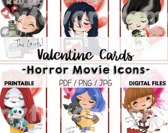 Horror Icons, Scary Movies, Horror Valentine Cards, Printable, Print at Home, Wednesday, Horror Gals