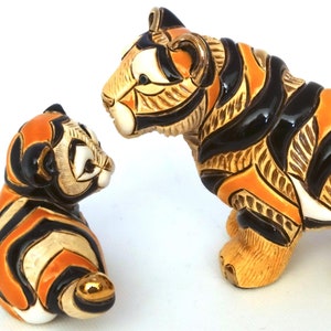 Handmade Sculpted Ceramic Tiger Family Figurines: Gold & Platinum Accents, De Rosa Family Collection, 2009