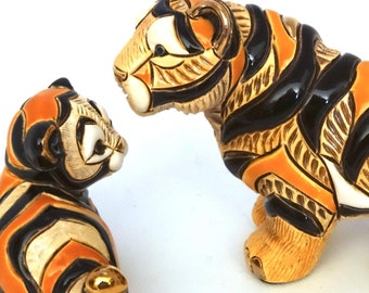 Handmade Sculpted Ceramic Tiger Family Figurines: Gold & Platinum Accents, De Rosa Family Collection, 2009