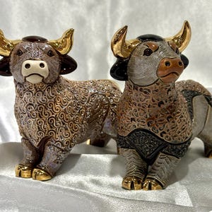 Handmade Sculpted Ceramic Bull Figurine: Gold & Platinum Accent, Wildlife Decor, De Rosa Family Collection