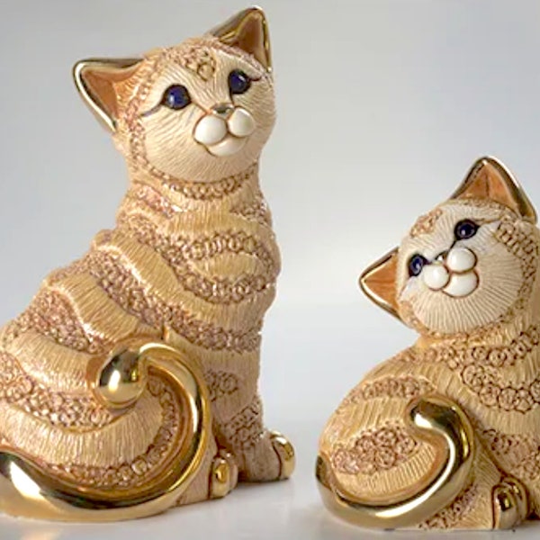 Handmade Sculpted Ceramic Ginger Striped Cat Family Figurines - De Rosa Collections - The Families
