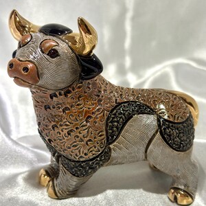 Handmade Sculpted Ceramic Bull Figurine: Gold & Platinum Accent, Wildlife Decor, De Rosa Family Collection image 11