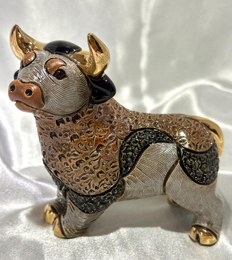 Handmade Sculpted Ceramic Bull Figurine: Gold & Platinum Accent, Wildlife Decor, De Rosa Family Collection image 11