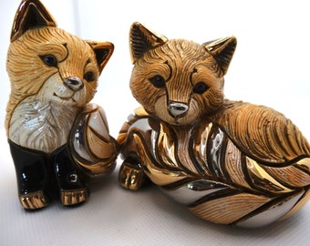 Handmade Sculpted Ceramic Fox Figurines: Gold & Platinum Accents, De Rosa Family Collection 2016