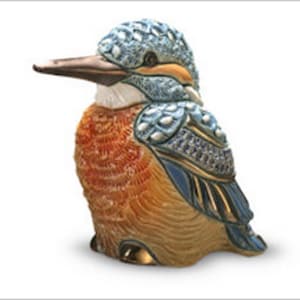 May include: A decorative ceramic kingfisher figurine. The bird features a detailed design with blue, orange, and brown hues. The figurine has a long beak and is perched upright, showcasing intricate patterns and textures.