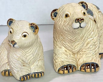 Handmade Ceramic Polar Bear Family Figurine: Gold & Platinum Accents