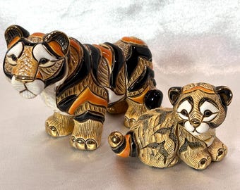 Handmade Sculpted Ceramic Tiger Family Figurines: Gold & Platinum Accents, De Rosa Family Collection, 2009