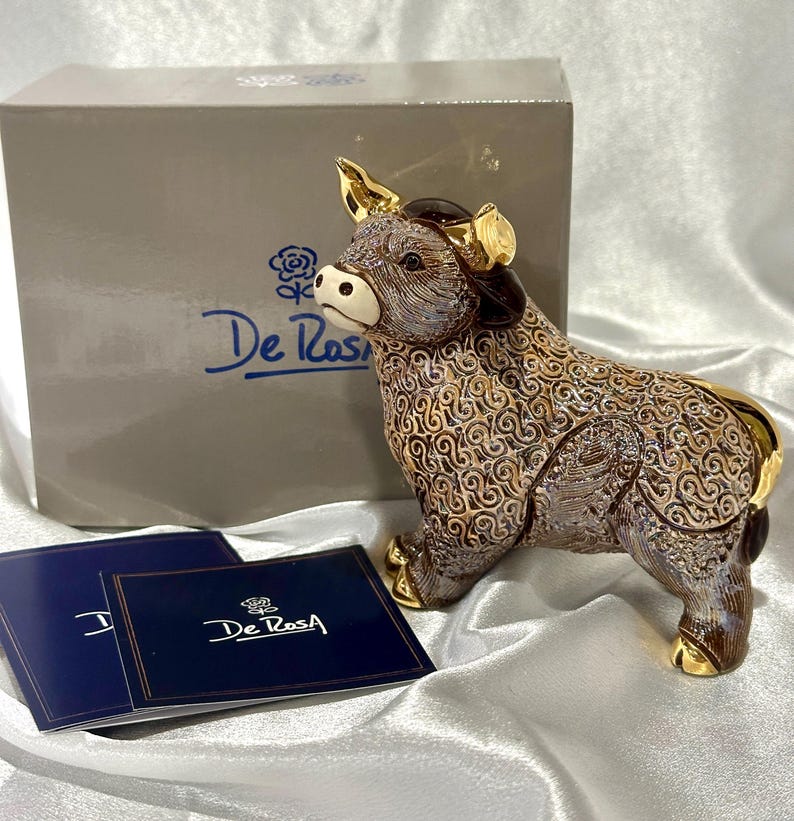 Handmade Sculpted Ceramic Bull Figurine: Gold & Platinum Accent, Wildlife Decor, De Rosa Family Collection image 6
