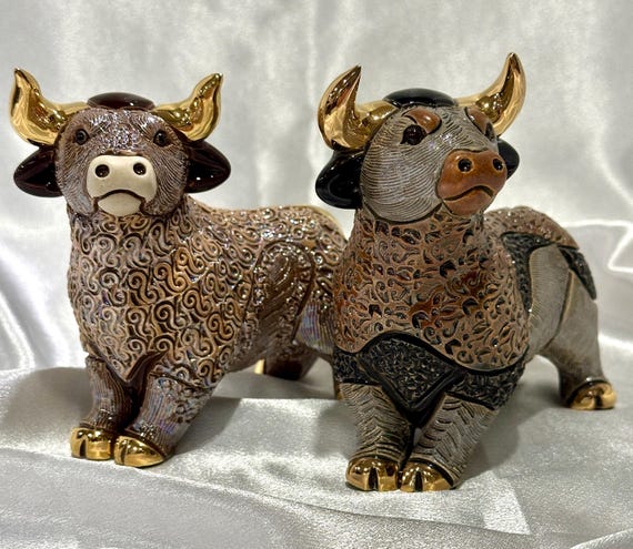 Handmade Sculpted Ceramic Bull Figurine: Gold & Platinum Accent, Wildlife Decor, De Rosa Family Collection
