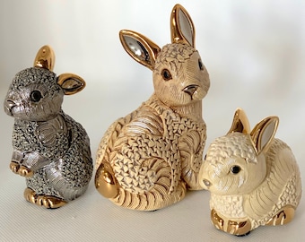 Ceramic Bunny Family Figurine Set: Collectible Decor with 18k Gold Accents
