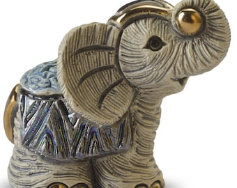 Handmade Sculpted Ceramic Mini Elephant Figurine: Gold & Platinum Accents, De Rosa Mini Collection, 2019