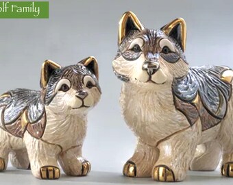 Handmade Sculpted Ceramic Wolf Family Figurines - De Rosa