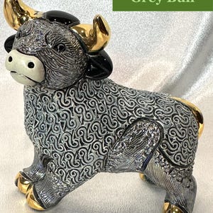 Handmade Sculpted Ceramic Bull Figurine: Gold & Platinum Accent, Wildlife Decor, De Rosa Family Collection Grey Brave Bull