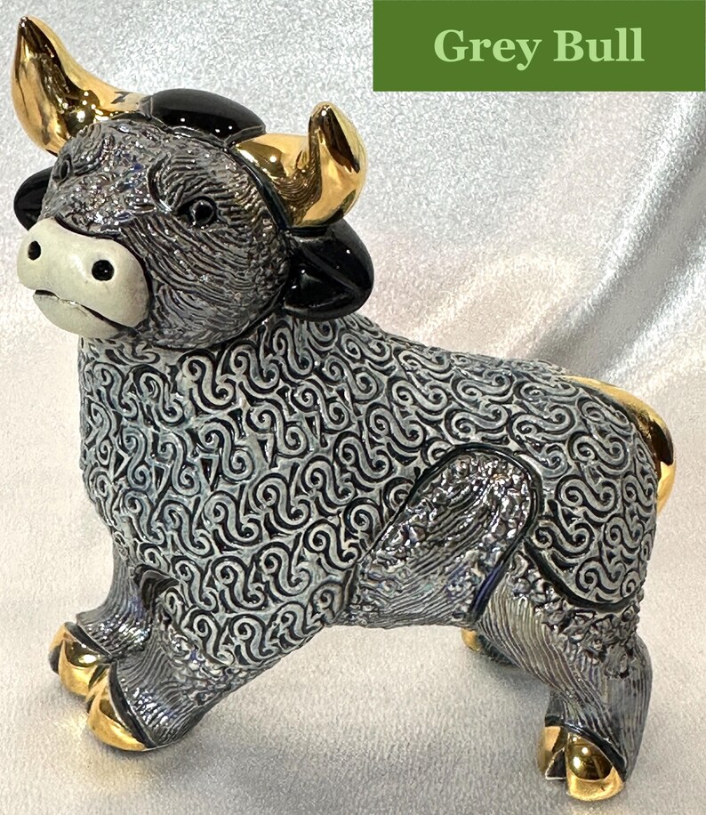 Handmade Sculpted Ceramic Bull Figurine: Gold & Platinum Accent, Wildlife Decor, De Rosa Family Collection Grey Brave Bull