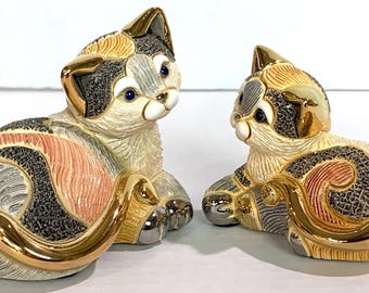 Handmade Sculpted Ceramic Calico Cat Figurine: Gold & Platinum Accents, De Rosa Family Collection, 2018