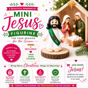 May include: A mini Jesus figurine with black hair and beard, wearing a white robe and a green sash that reads Jesus You with a heart. The figurine stands on a circular wood slice base. In the background, a nativity scene includes Mary, Joseph, and baby Jesus.