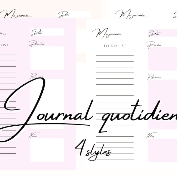 Journal quotidien à imprimer - 4 styles - rose et orange/pêche - agenda journalier en français