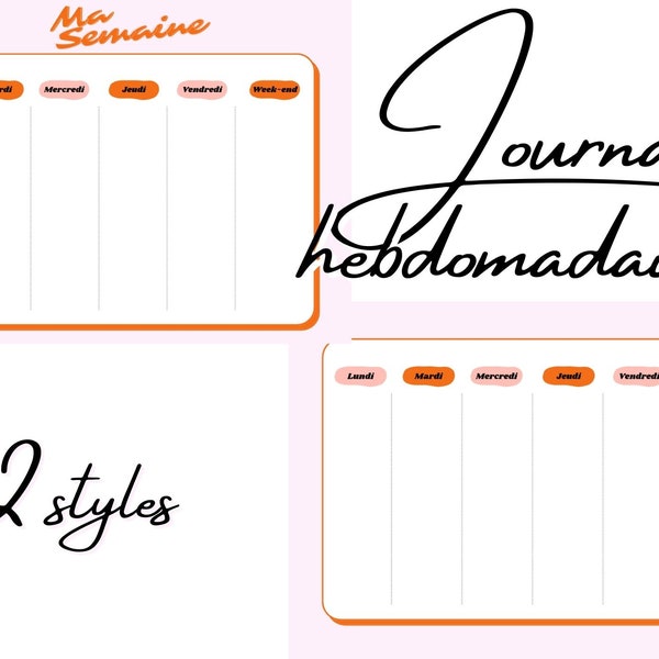 Journal hebdomadaire à imprimer - 2 styles - rose et orange - style rétro/graphique - agenda semaine en français