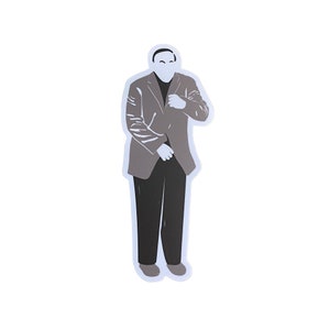 May include: A gray and black illustration of a person wearing a suit jacket and pants. The person is standing with their hands in their pockets.
