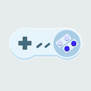 May include: A white video game controller with a black plus sign button, two gray buttons, and four blue and white buttons.