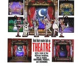 Hand made light-up wooden theatre with Harlequins and Pierrots, a decorative lamp, nightlight, toy, book nook, or shadow box. ,