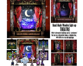 Hand made wooden light-up theatre lamp or shadow box or toy.