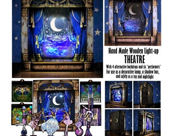 Hand made wooden theatre lamp, shadowbox, toy.