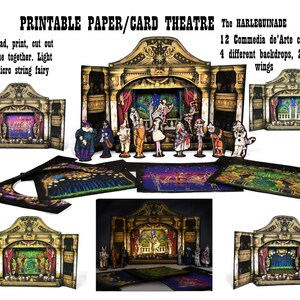Może przedstawiać: Zestaw papierowego teatru do wydruku z tekstem "PRINTABLE PAPER/CARD THEATRE The HARLEQUINADE". Zestaw zawiera 12 postaci Commedia dell'Arte, 4 tła i 2 skrzydła. Dołączono instrukcje dotyczące pobierania, drukowania, wycinania, sklejania i oświetlania lampkami choinkowymi.