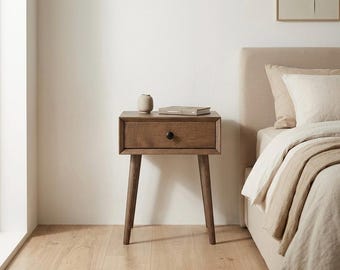 Solid Oak Nightstand | Handmade Mid-Century Bedside Table with Drawer | Tapered Leg End Table | Custom Wood Bedroom Furniture