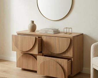 Cómoda moderna orgánica de roble curvada - Frentes de cajones semicirculares estriados - Aparador minimalista Japandi - Cómoda de dormitorio de mediados de siglo