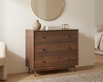 Kommode mit 3 Schubladen aus massivem Eichenholz | Handgemachte Mid-Century Modern Kommode | Individuelle Beize | Schlafzimmer-Kommode, Kinderzimmer-Aufbewahrung, Eingangsbereich-Schrank