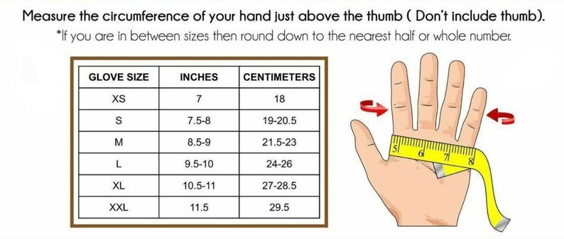 May include: A chart showing glove sizes in inches and centimeters. The chart shows the glove size, the corresponding inch measurement, and the corresponding centimeter measurement. The chart is illustrated with a hand holding a measuring tape around the hand just above the thumb.