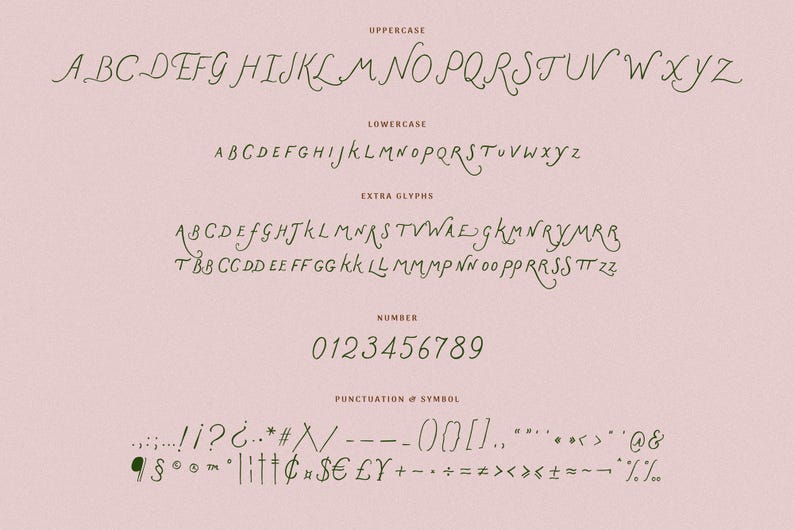 May include: A handwritten font alphabet in uppercase, lowercase, and numbers. The font is a cursive script style with a light brown color on a pink background. The alphabet includes extra glyphs, punctuation, and symbols.