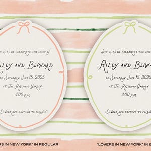 May include: Two wedding invitations with a watercolor background. The invitations are in the shape of an oval with a bow at the top. The text on the invitations reads "Join us as we celebrate the union of Riley and Bernard on Saturday, June 15, 2025 at The Rosewood Garden 4:00 PM Dinner and Dancing to Follow". One invitation is in a peach color and the other is in a green color.