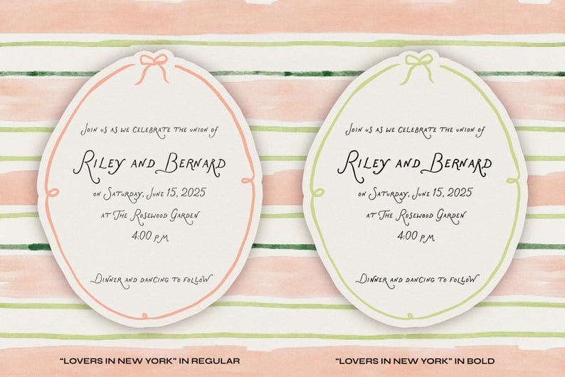 May include: Two wedding invitations with a watercolor background. The invitations are in the shape of an oval with a bow at the top. The text on the invitations reads "Join us as we celebrate the union of Riley and Bernard on Saturday, June 15, 2025 at The Rosewood Garden 4:00 PM Dinner and Dancing to Follow". One invitation is in a peach color and the other is in a green color.