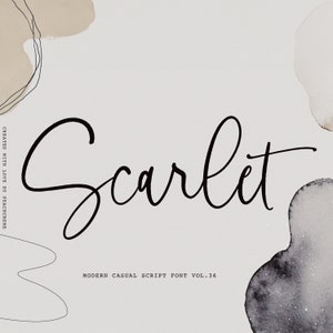 May include: A black and white image of the word "Scarlet" written in a modern, casual script font. The text is set against a light gray background with abstract watercolor shapes in beige and gray.