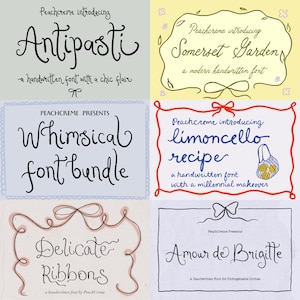 Puede incluir: Una colección de cuatro diseños de fuentes escritas a mano. Las fuentes se llaman "Antipasti", "Somerset Garden", "Whimsical font bundle", "limoncello recipe", "Delicate Ribbons" y "Amour de Brigitte".
