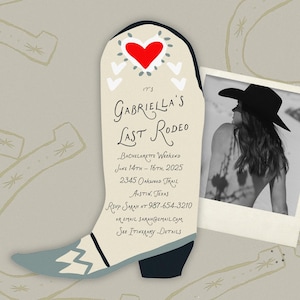 May include: A white cowboy boot with a blue and white pattern on the toe and a red heart with white hearts around it. The boot is on a beige background with a photo of a woman wearing a cowboy hat and a black and white photo of a woman wearing a cowboy hat. The text on the boot reads "It's Gabriella's Last Rodeo. Bachelorette Weekend June 14th - 16th, 2025. 2345 Oakwood Trail Austin, Texas. RSVP Sam at 987-654-3210 or email sarangemail.com. See Itinerary Details."