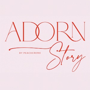 May include: A red logo with the text "ADORN Story" in a modern font. The text "BY PEACHCREME" is written in a smaller font below the main text.