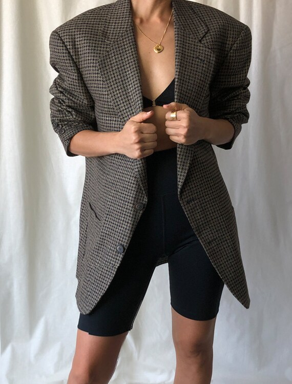 Grey Houndstooth Vintage Oversized Wool Blazer