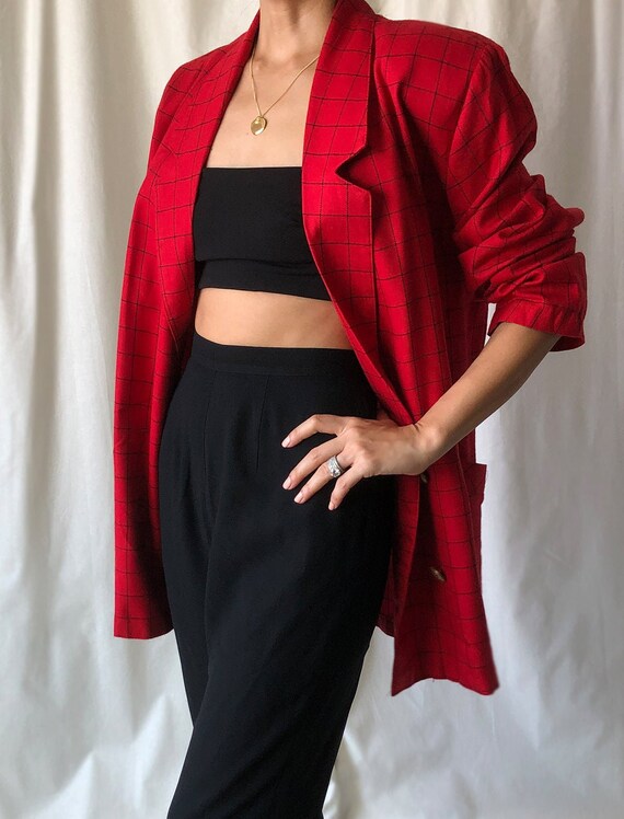 Red Vintage Double Breasted Oversized Plaid Blazer