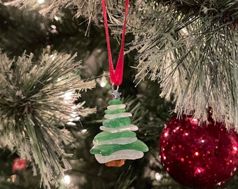 Green and White Lake Erie Beach Glass Christmas Tree Ornament/Pendant